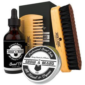 Beard Brush, Beard Comb, Beard Oil, & Beard Balm Grooming Kit for Men's Care